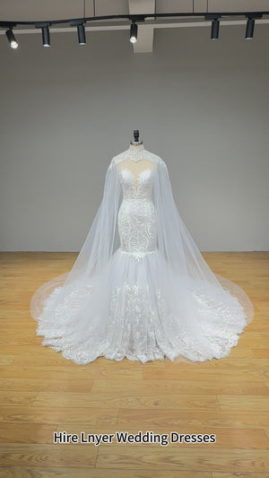 Newest Tulle Mermaid Wedding Dress with Shawl and Sweetheart Neck Luxury Appliques