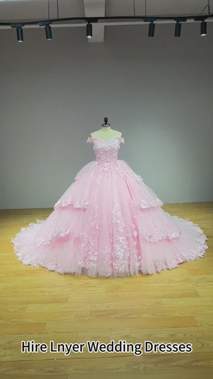 3D Flowers Princess Ball Gown Wedding Dress with Detachable Train Off the Shoulder