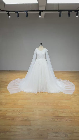 Elegant V-Neck A-Line Wedding Dress with Pearls Lace Zipper Back Modern Design Bridal Gown