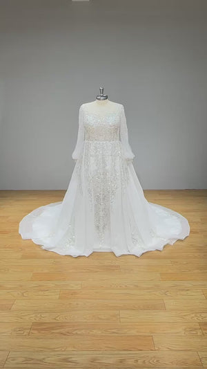 Long Sleeve Ball Gown Wedding Dress with Sequins Beading Lace and Corset Back