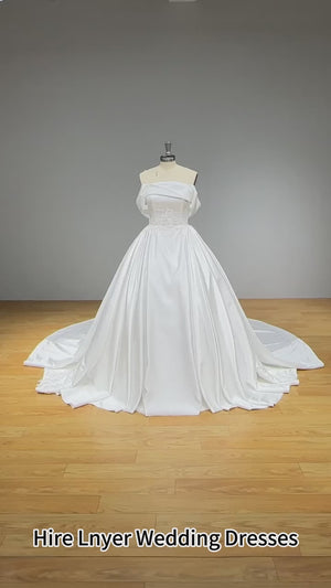 Off the Shoulder High Quality Satin Wedding Dress with Pearls and Appliques