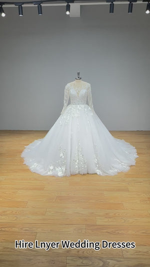 Gorgeous Long Sleeve Sequined Beaded Ball Gown Wedding Dress Luxury Bridal Gown