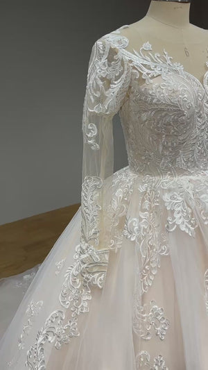 New Arrival Long Sleeve Ball Gown Wedding Dress with Illusion Back and Sequined Appliques