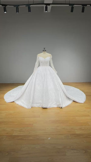 Long Sleeve Ball Gown Wedding Dress with Chapel Train and See-Through Top