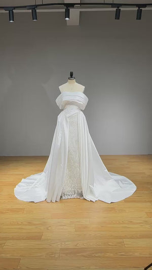 New Arrival Boat Neck Satin Off the Shoulder Wedding Dress with Beading Pearls