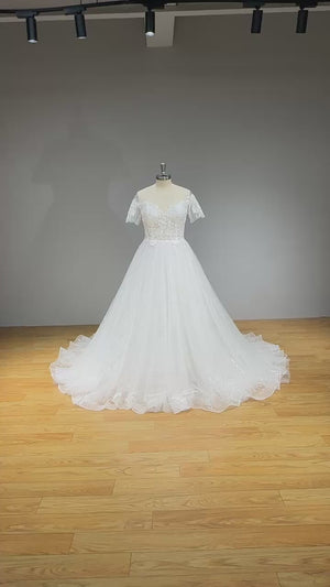 Elegant Short Sleeve A-Line Sequined Wedding Dress with Corset Back