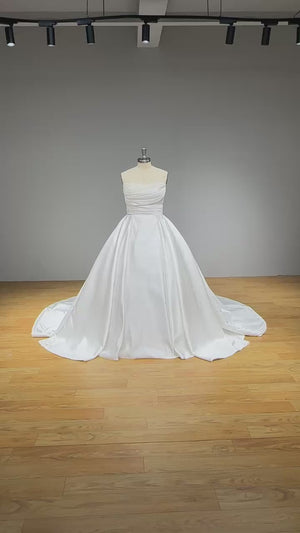 Light Effect Satin Off-Shoulder Ball Gown Wedding Dress with Pearls and Pleated Bodice