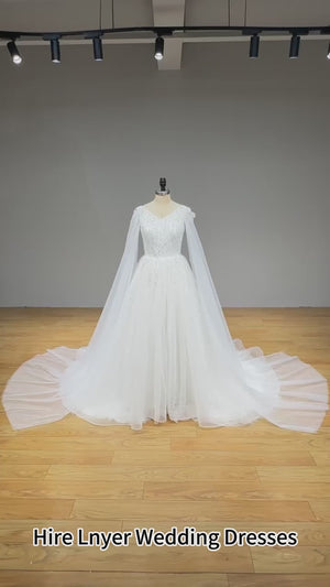 Elegant V-Neck A-Line Wedding Dress with Pearls Lace Zipper Back Modern Design Bridal Gown