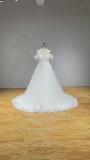 Elegant A-Line Off-Shoulder Wedding Dress with Beading and Appliques