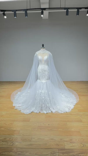 Newest Tulle Mermaid Wedding Dress with Shawl and Sweetheart Neck Luxury Appliques