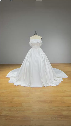 Off the Shoulder High Quality Satin Wedding Dress with Pearls and Appliques