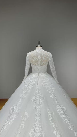 High Neck Long Sleeve Wedding Dress with Buttons Zipper Back Bridal Gown