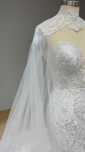 Newest Tulle Mermaid Wedding Dress with Shawl and Sweetheart Neck Luxury Appliques