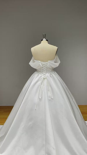 Off the Shoulder High Quality Satin Wedding Dress with Pearls and Appliques