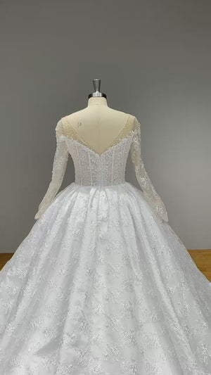 Long Sleeve Ball Gown Wedding Dress with Chapel Train and See-Through Top