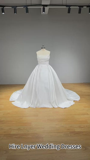 Light Effect Satin Off-Shoulder Ball Gown Wedding Dress with Pearls and Pleated Bodice