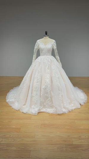 Long Sleeve Ball Gown Wedding Dress with Illusion Back and Sequined Appliques