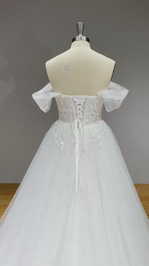 Elegant A-Line Off-Shoulder Wedding Dress with Beading and Appliques