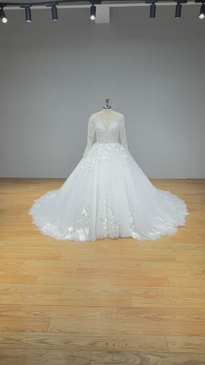 Gorgeous Long Sleeve Sequined Beaded Ball Gown Wedding Dress Luxury Bridal Gown