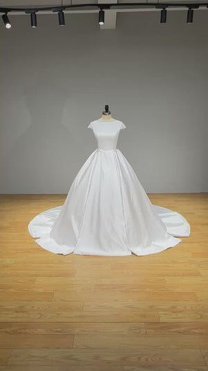 High Quality Satin Ball Gown Wedding Dress Cap Sleeves Illusion Back Bridal Gown