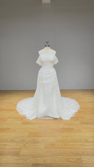 Shiny Beading Tulle Mermaid Wedding Dress with Detachable Train and Zipper Back