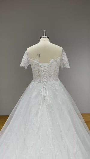 Elegant Short Sleeve A-Line Sequined Wedding Dress with Corset Back