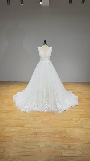 Off the Shoulder A-Line Wedding Dress with Pearls and Illusion Back