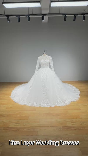 High Neck Long Sleeve Wedding Dress with Buttons Zipper Back Bridal Gown