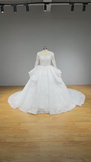 Beaded Lace Ball Gown Wedding Dress with Long Sleeves Vintage Bridal Gown