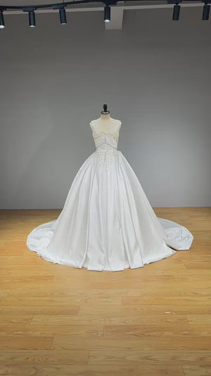 Gorgeous Crystal Satin Ball Gown Wedding Dress with Detachable Straps and Corset Back