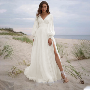 BOHO Vintage Wedding Dress Simple Tulle Bridal Gowns Long Puff Sleeve Sweetheart