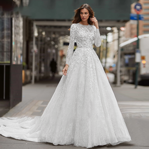 A-Line Long Sleeve Wedding Dresses Scoop Sequinned Illusion Beading Brush Train Wedding Gown