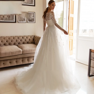 A-Line Wedding Dresses Delicacy Beaded Lace Embroidery Long Sleeve Wedding Gown