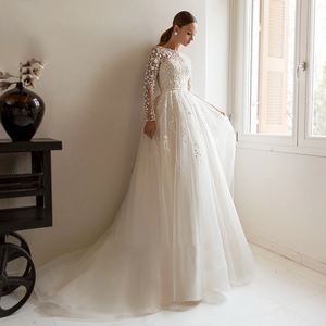 A-Line Wedding Dresses Delicacy Beaded Lace Embroidery Long Sleeve Wedding Gown