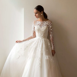 A-Line Wedding Dresses Delicacy Beaded Lace Embroidery Long Sleeve Wedding Gown