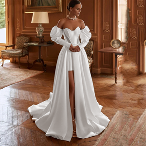 Elegant Shining Satin Wedding Dress New High Fork A-Line Off The Shoulder Robes Party Fluffy Skirt