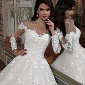 Luxury Wedding Dress Ball Gown With Embroidery Elegant O-neck Full Sleeve Wedding Gown