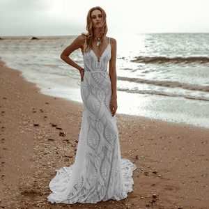 Sexy Lace V Neck Beach Mermaid Wedding Dress Spaghetti Straps Backless