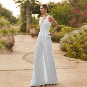 Customized White Two-Piece V Neck Wedding Dress with Half Sleeves 2024 Boho Jumpsuit