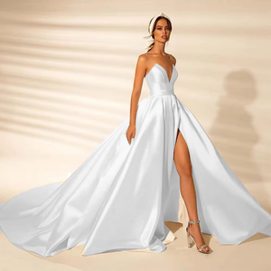 Off Shoulder Slit Satin Wedding Dress Classic Zipper Back Bridal Gown