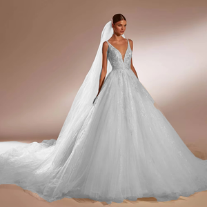 Off the Shoulder Aline Tulle Beaded Wedding Dress with V Neck Luxury Bridal Gown