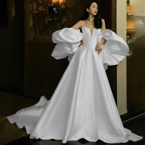 Off the Shoulder A-Line Satin Wedding Dress Backless Luxury Bridal Gown