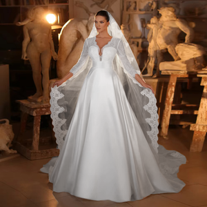 Three Quarter Sleeve Satin Wedding Dress with Illusion Back and Side Pockets for Brides