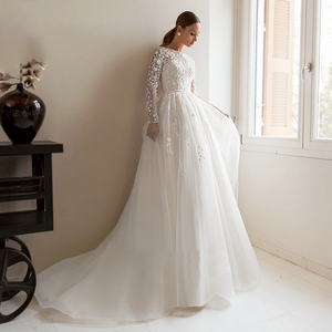 A-Line Wedding Dresses Delicacy Beaded Lace Embroidery Long Sleeve Wedding Gown