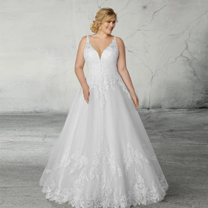 Pastrol V Neck Wedding Dress Plus Size Sleeveless A-Line Lace-up Sweep Train Bride Gown