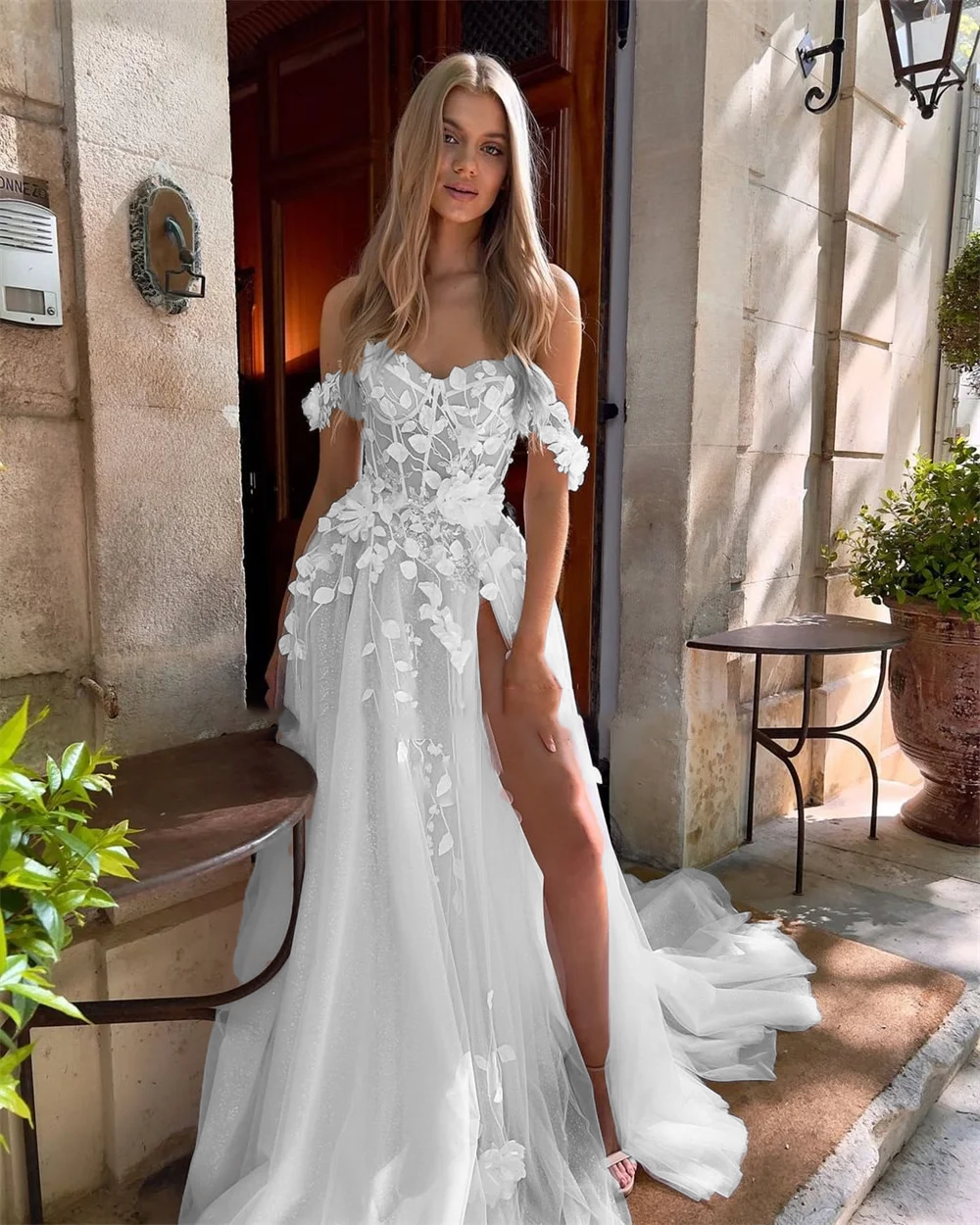 Qanz High Split Wedding Dresses for Women Sleeves Sweetheart Bridal Gowns Open Back Lace Robes Delicated Vestido de Novia 2024