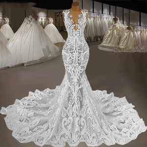 Lace Mermaid Wedding Dress with Long Train Couture V-Neck Illusion Plus Size Bridal Gown