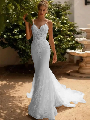 Glamorous V-Neck Mermaid Wedding Dress with Flower Print – Custom Fit