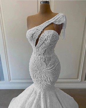 Ivory Lace Beaded Pearl Mermaid Wedding Dress - One-Shoulder Plus Size Bridal Gown 2024