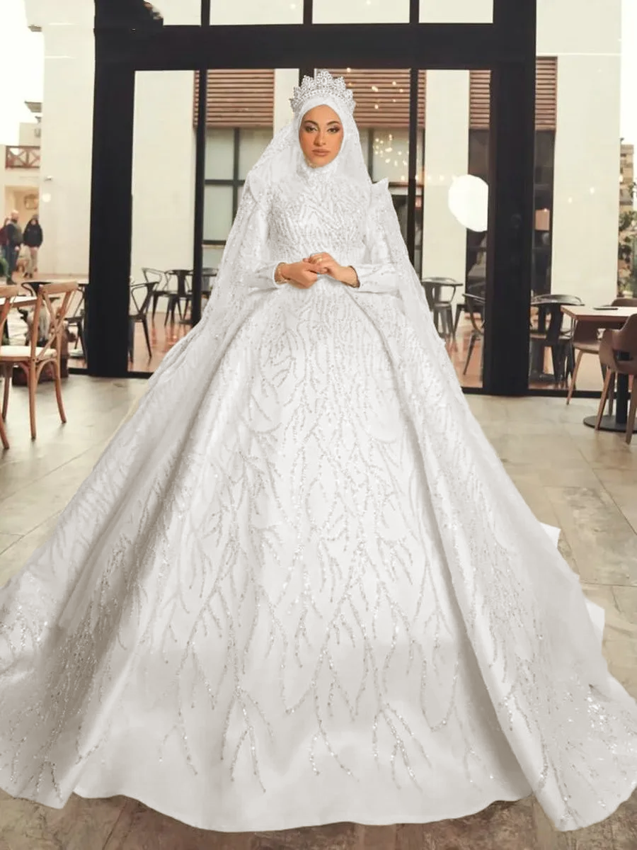 Luxury High Collar Muslim Wedding Dress Ball Gown Puff Long Sleeves Ar Elsi John